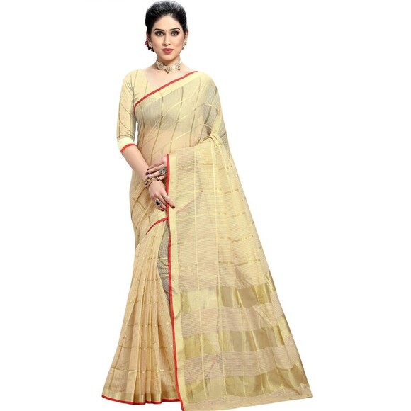 Women's Kota Doria Pure Cotton Saree With Unstiched Blouse NWT golden zari weave - Picture 1 of 12